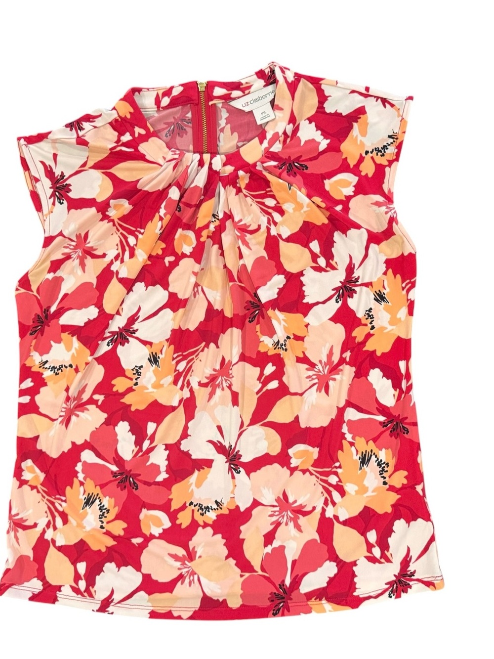 LC Lauren Conrad Red Floral Sleeveless Gathered-Neck Top